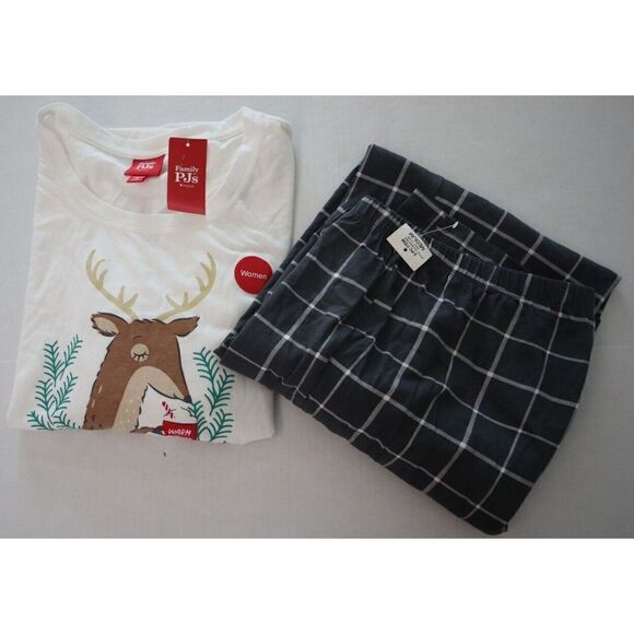 Family Pajamas Women's Sz Medium White/Gray Plaid Mama Deer Mix It 2-Piece Set - Picture 2 of 10